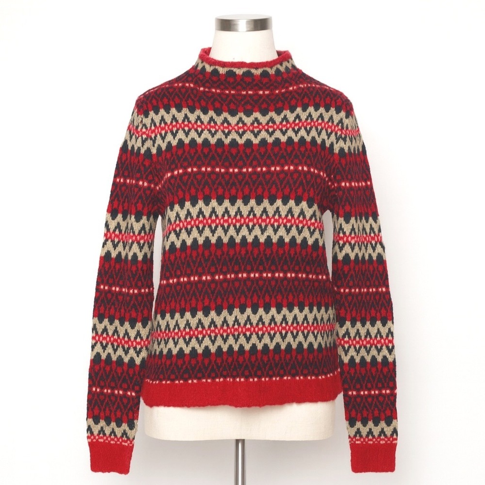 Chaps‎ Petite Large Fair Isle Sweater Wool Blend Red Black White Pullover Mock